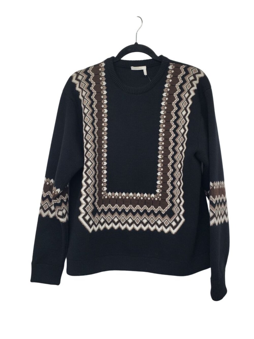 Chloe $1990 Wool Blend Jacquard Sweater Black Brown Crew Neck Fair Isle Fall - Picture 4 of 16